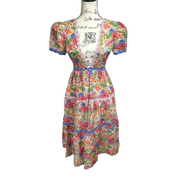NEW Aureum Floral Print Cottage Core Rick Rack Trim Midi Dress, XS - Picture 1 of 16